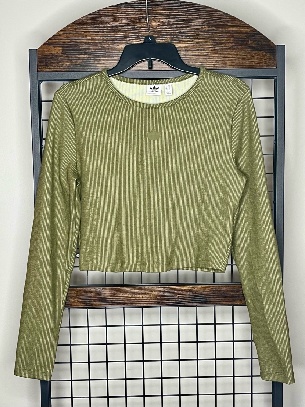 Adidas Olive Ribbed Long-Sleeve Crop Shirt